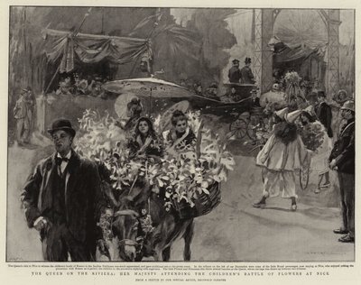 A Rainha na Riviera, Sua Majestade participa na Batalha das Flores das Crianças em Nice (litografia) de Reginald Thomas Cleaver