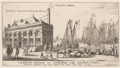 Vista do Porto de Amsterdã com o Escritório da Autoridade da Água (Página de Título) de Reinier Nooms, called Zeeman