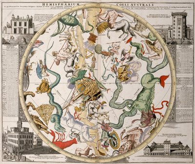 Parte de um mapa estelar do hemisfério sul do Atlas Maior de Reiner Ottens (1730), com o Observatório de Greenwich (à esquerda) e o observatório da Torre Redonda em Copenhaga (à direita) de Reinier Ottens