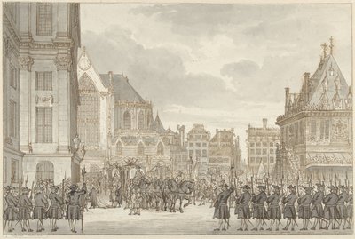 Chegada do Príncipe William V e Frederica Sophia Wilhelmina da Prússia à Câmara Municipal na Praça da Barragem em Amesterdão, 30 de Maio de 1768 de Reinier Vinkeles (I)