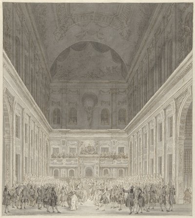 Baile no Salão Cívico da Câmara Municipal de Amesterdão em honra da visita do Príncipe Guilherme V e Wilhelmina da Prússia, Junho de 1768 de Reinier Vinkeles (I)