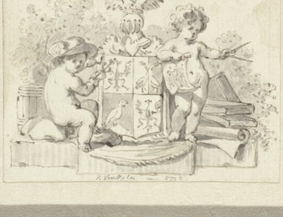 Dois putti, com bússola e escudo, no brasão da família Schoemaker de Reinier Vinkeles (I)