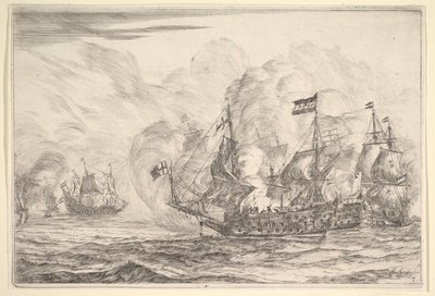 Encontro naval com três navios à direita, das batalhas navais Nieuwe Scheeps Bat ..., 1652-54. de Reinier Zeeman