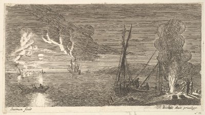 Cena noturna com pescador em pé por um incêndio, século XVII. de Reinier Zeeman