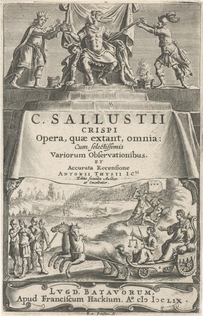 Um imperador e Justiça em carruagem triunfante
Página de título para: A. Thysius jr., Ópera, quæ extant, omnia, 1659 de Reinier van Persijn
