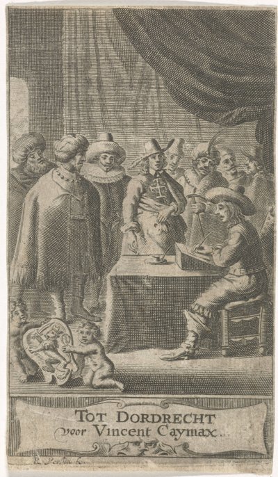 Comerciante à mesa de escrita
Página de título para: J. van der Does et al, Verscheyde voyagien, ofte reysen, 1652 de Reinier van Persijn