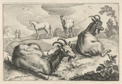 Paisagem com duas cabras e dois cavalos Diversa Animalia Quadrupedia (título da série) de Reinier van Persijn