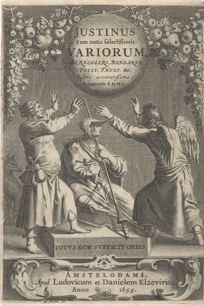 Minerva e duas figuras encadeadas
Página de título para: A. Thysius, Justinus cum notis selectissimis variorum Berneggerj, Bongarsy, Vossy, Thysy, &c, 1659 de Reinier van Persijn
