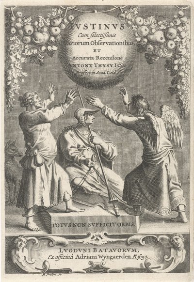 Minerva en twee geketende figuren Titelpagina voor: A. Thysius, Justinus com as várias observações mais selecionadas e uma revisão detalhada, 1650 de Reinier van Persijn