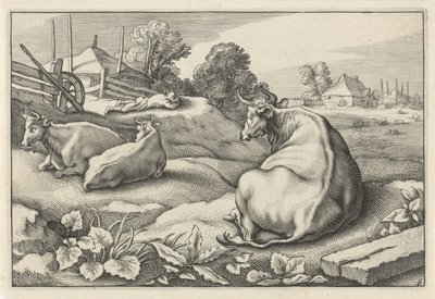Pasto com três vacas deitadas Diversa Animalia Quadrupedia (título da série) de Reinier van Persijn