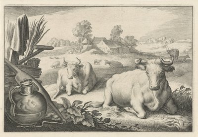 Pasto com duas vacas deitadas Diversa Animalia Quadrupedia (título da série) de Reinier van Persijn