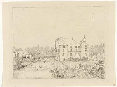 Vista lateral do castelo de Cannenburch com casas na ponte de entrada de Reinierus Albertus Ludovicus baron van Isendoorn à Blois