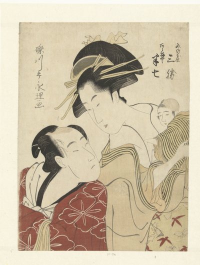 De geliefden Akeneya Hanshichi en Minoya Sankatsu.
Minoya Sankatsu, Akeneya Hanshichi (título sobre o objecto) de Chōkyōsai Eiri