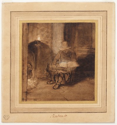 Interior, com um homem sentado junto à lareira, a ler à luz de um candeeiro (anverso) de Rembrandt Harmensz. van Rijn (circle of)