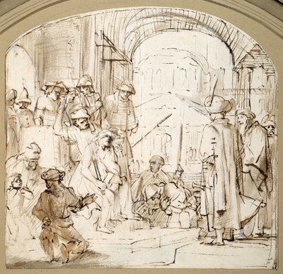 Cristo Escarnecido (caneta e tinta com lavagem em papel) de Rembrandt Harmensz. van Rijn (school of)