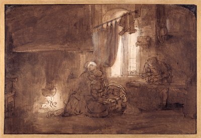 A Sagrada Família na Loja do Carpinteiro (caneta e tinta com lavagem em papel) de Rembrandt Harmensz. van Rijn (school of)