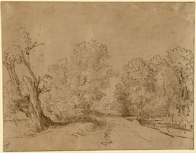 Uma estrada arborizada de Rembrandt Harmensz. van Rijn