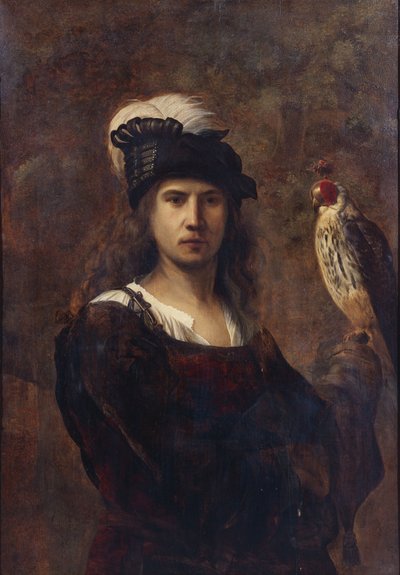 Falcoeiro com falcão e chapéu de penas de Rembrandt van Rijn