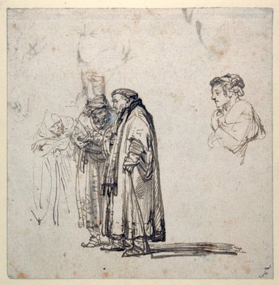 Um grupo de estudiosos idosos e, separadamente, o perfil de um homem mais jovem (caneta e tinta marrom com lavagem e guache sobre papel) de Rembrandt Harmensz. van Rijn