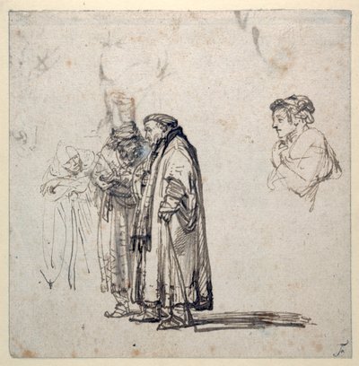 Um grupo de estudiosos idosos e, separadamente, o perfil de um homem mais jovem (caneta e tinta sobre papel) (recto de 2636120) de Rembrandt Harmensz. van Rijn