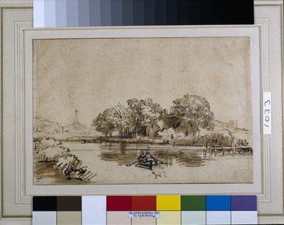 Um homem a esculpir um barco no Bullewijk, com vista para Ouderkerk, c.1650 (caneta e tinta com lavagem castanha e corpulência branca sobre papel) de Rembrandt Harmensz. van Rijn