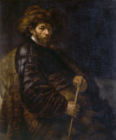 Um homem sentado com um pau (óleo sobre tela) de Rembrandt Harmensz. van Rijn