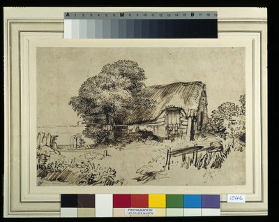 Uma cabana de colmo junto a uma grande árvore, uma figura sentada no exterior, c.1648-52 (caneta e tinta sobre papel) de Rembrandt Harmensz. van Rijn