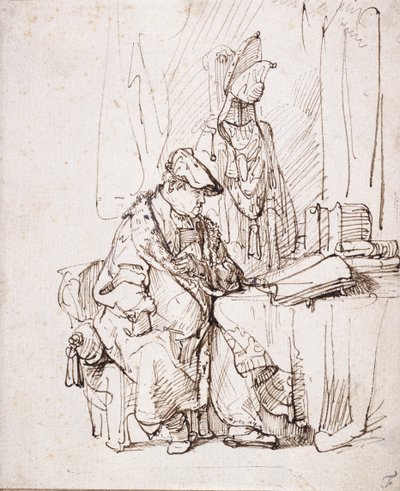 Um Ator em seu Camarim (caneta e tinta marrom sobre papel branco) de Rembrandt Harmensz. van Rijn