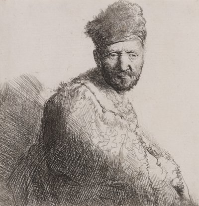 Homem barbudo com boné e manto oriental de peles de Rembrandt van Rijn