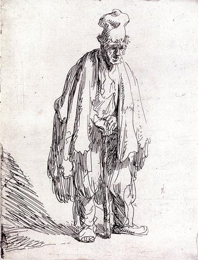 Mendigo em pé de boné alto (caneta e tinta sobre papel) de Rembrandt Harmensz. van Rijn