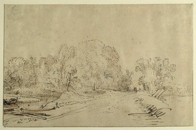 Canal com barcos, uma estrada com dique e árvores (caneta de cana e tinta com lavagem em papel) de Rembrandt Harmensz. van Rijn
