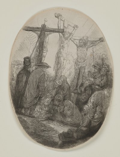 Cristo crucificado entre dois ladrões: uma placa oval, c.1641 (gravura e ponta seca) de Rembrandt van Rijn