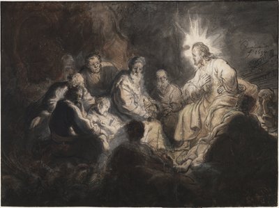 Cristo e os Seus Discípulos no Jardim do Getsémani, por Rembrandt van Rhijn (1606-1669). Caneta, pincel, cor cinza e castanho, aguarela sobre papel, ca. 1634. Dimensão : 35,7x47,8 cm. Museu Teylers, Haarlem de Rembrandt Harmensz. van Rijn