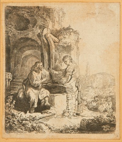 Cristo e a mulher de Samaria, entre ruínas (gravura) de Rembrandt Harmensz. van Rijn