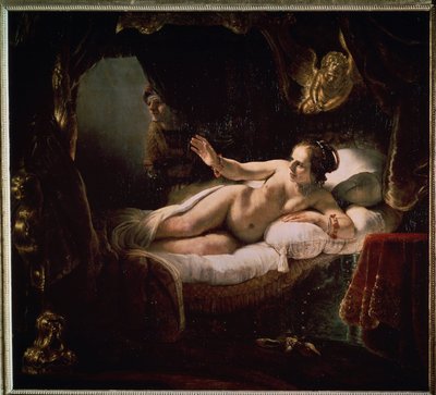 ""Danae"". Mitologia grega: Zeus se apresenta a Danae na forma de uma chuva de moedas de ouro para seduzi-la. Pintura de Harmenszoon van Rijn conhecido como Rembrandt (1606-1669) de Rembrandt Harmensz. van Rijn