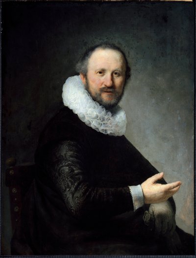 Um burguês holandês a segurar as suas luvas, usando um rufo. (Pintura de Rembrandt van Rijn