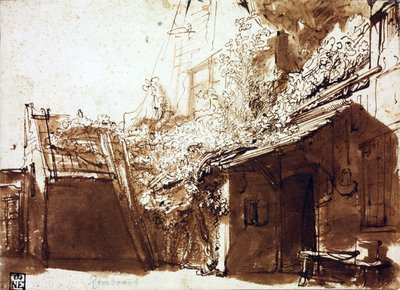 Farmhouse in Light and Shadow - Rembrandt van Rhijn (1606-1669) - 1635-1636 - Caneta, pincel, cor marrom sobre papel - 16,2x22,5 cm - Szepmuveszeti Muzeum, Budapeste de Rembrandt Harmensz. van Rijn