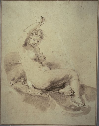Reclinagem Nua Feminina com Braço Levantado, c.1665 (caneta e tinta castanha e escova e lavagem castanha, sobre papel de bronzeado) de Rembrandt Harmensz. van Rijn