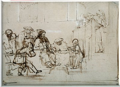 Jesus Child with Doctors Drawing by Harmensz Van Rijn Rembrandt (1606-1669) de Rembrandt van Rijn