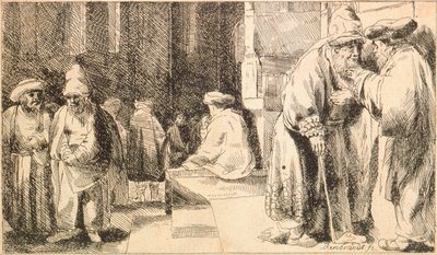 "Juifs a la synagogue" (Judeus na Sinagoga) Engraving de Rembrandt van Rhijn (1606-1669) - 1648 Dim 7,6x13 cm Museu Judaico, Nova Iorque de Rembrandt van Rijn