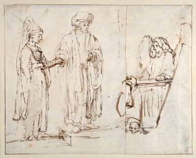 Laban traz Leah para Jacob, com Jacob sobreposto por um fragmento de outro desenho; um anjo com um cão deitado a seus pés de Rembrandt Harmensz. van Rijn