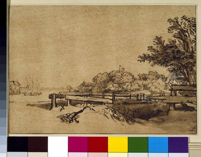 Paisagem, c.1650 (caneta e tinta e lavagem em papel) de Rembrandt Harmensz. van Rijn