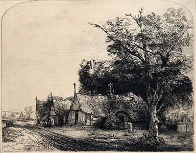 Paisagem com Três Cabanas (gravura) de Rembrandt Harmensz. van Rijn