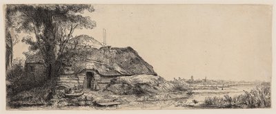 Paisagem com uma casa de campo e uma grande árvore de Rembrandt Harmensz. van Rijn
