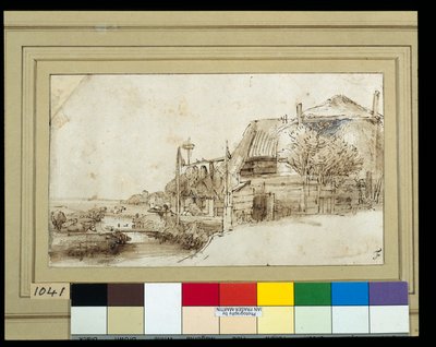 Paisagem com edifícios agrícolas do lado direito (caneta e tinta com lavagem em papel) de Rembrandt Harmensz. van Rijn