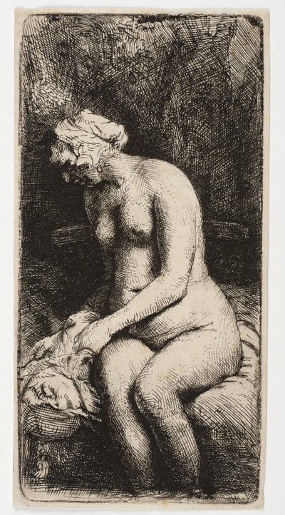 Mulher nua sentada com os pés na água de Rembrandt Harmensz. van Rijn