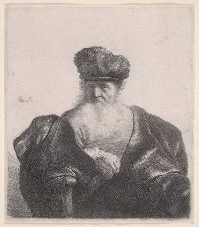 Homem idoso com barba esvoaçante, gorro de pele e capa de veludo, c.1632 (gravura) de Rembrandt van Rijn