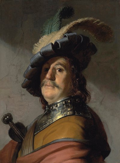 Retrato de um homem com uma couraça e uma boina de penas - Pintura de Rembrandt van Rijn (1606-1669) de Rembrandt Harmensz. van Rijn