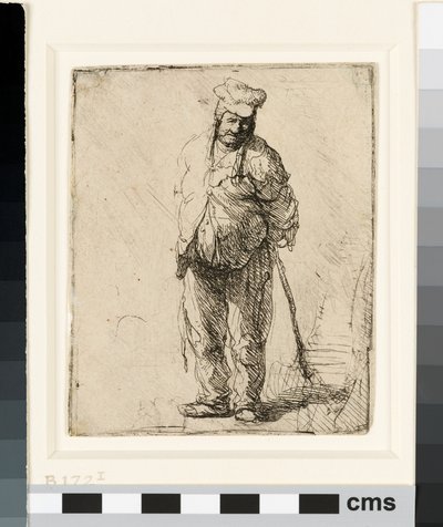 Camponês esfarrapado com as mãos atrás de si, segurando uma vara, c.1630 (gravura) de Rembrandt van Rijn