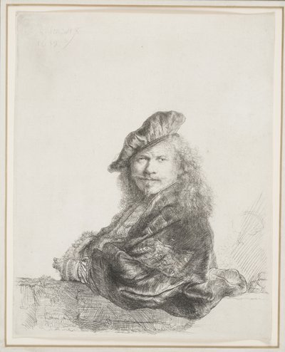 Rembrandt apoiado em um peitoril de pedra: meio comprimento de Rembrandt van Rijn